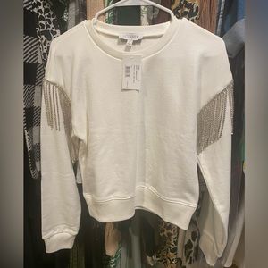 White embellished sweater with fringe rhinestones